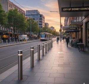 A street view in Sydney featuring removable bollards in Australia, enhancing pedestrian safety and urban design.