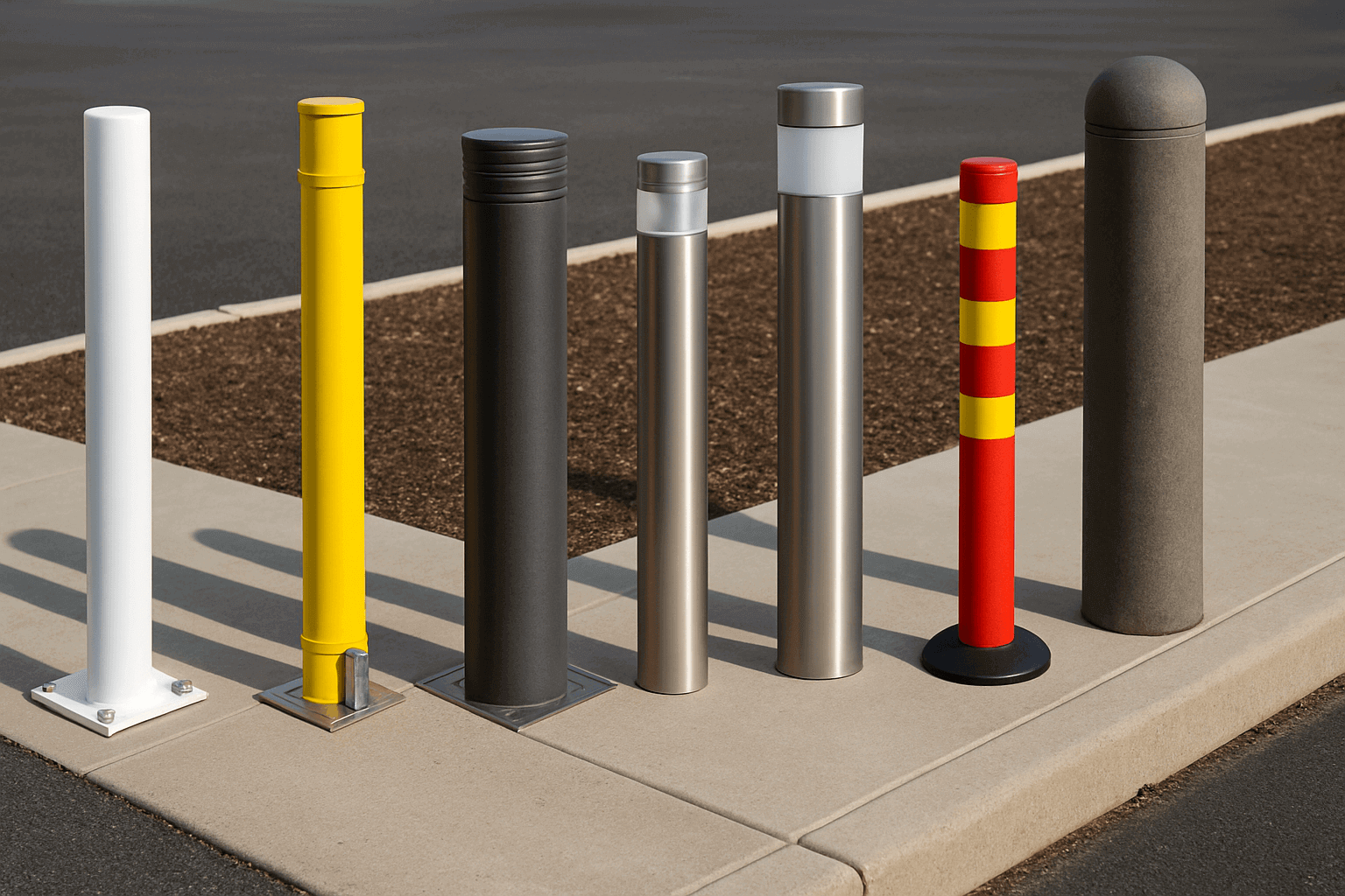 A variety of parking bollards including fixed, removable, and surface-mounted options for public safety and vehicle protection.