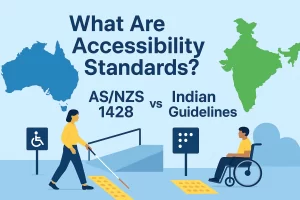 Illustration comparing Accessibility Standards in Australia and India, highlighting DDA and Harmonized Guidelines 2021.