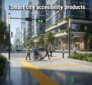 A vibrant urban scene showcasing smart city accessibility products for improved mobility and inclusivity in public spaces.