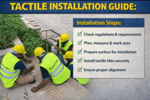 A team follows the Tactile Installation Guide, checking steps for proper tactile installation and ensuring alignment and safety.