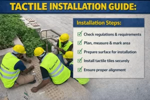 A team follows the Tactile Installation Guide, checking steps for proper tactile installation and ensuring alignment and safety.