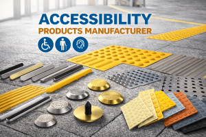 A variety of accessibility products displayed on a floor, showcasing options from an accessibility products manufacturer.